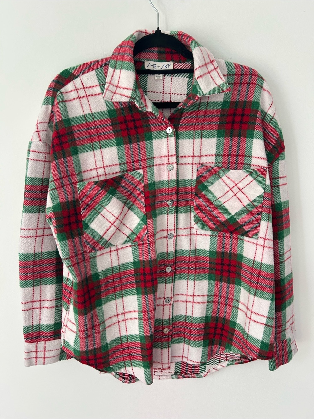 She + Sky Red, Green & White Plaid Women’s Button-Down Shirt S
